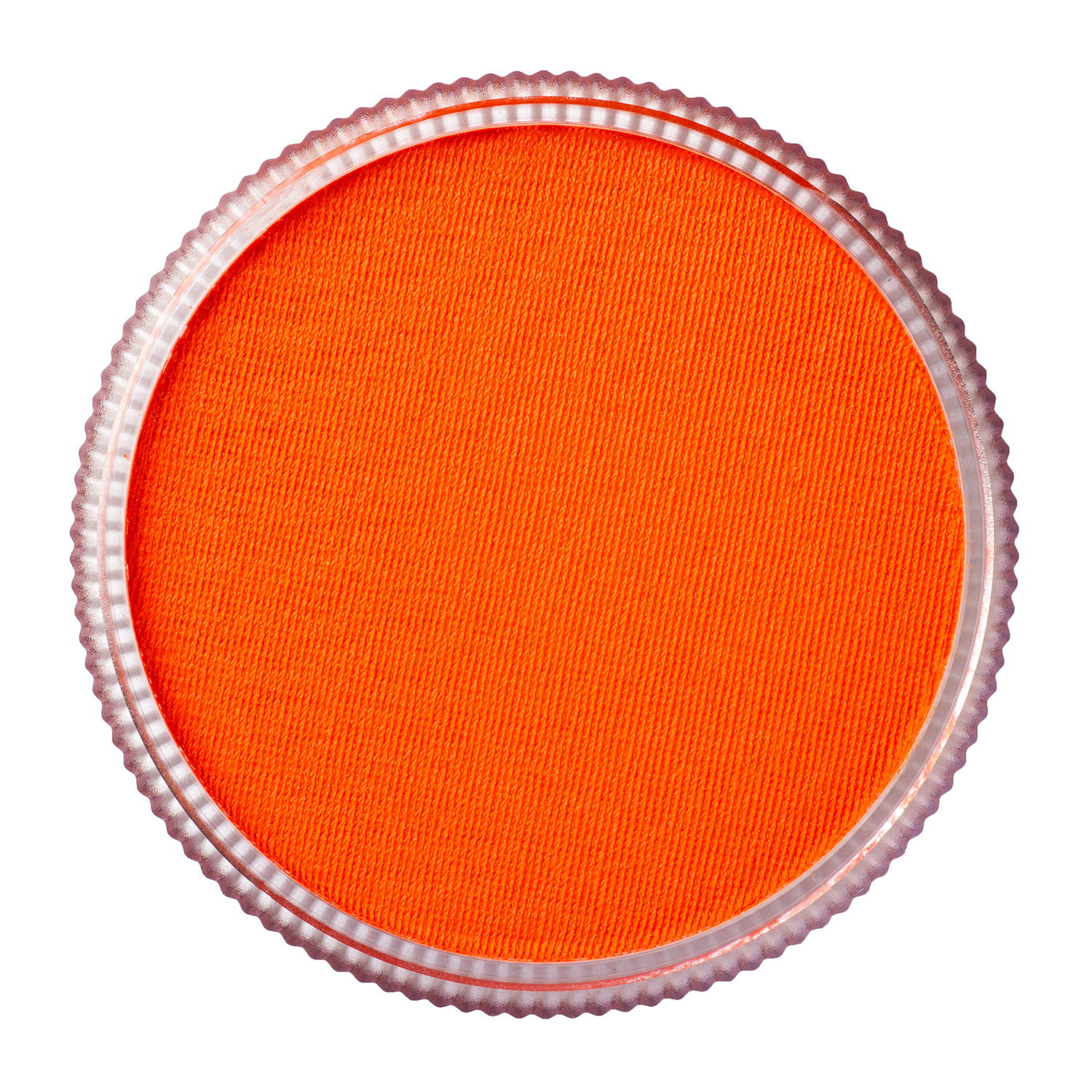 A close-up of Infinity Faces’ Face Paint & Body Paint Aqua Tag - UV Neon Orange (32g), a round, textured orange makeup encased in a clear, ridged plastic rim, set against a white background.