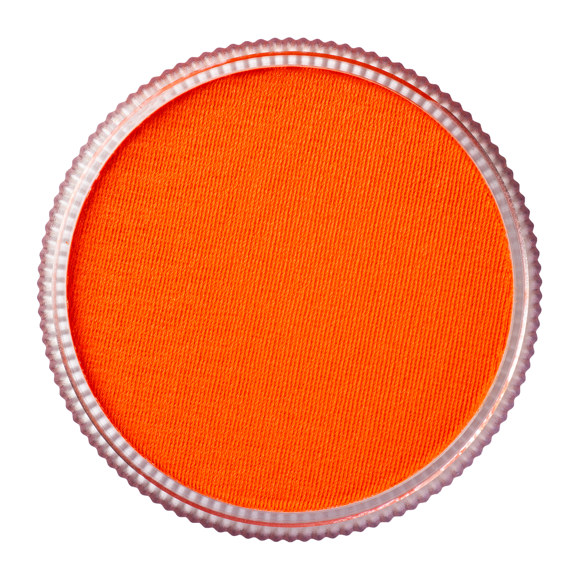 A close-up of Infinity Faces’ Face Paint & Body Paint Aqua Tag - UV Neon Orange (32g), a round, textured orange makeup encased in a clear, ridged plastic rim, set against a white background.