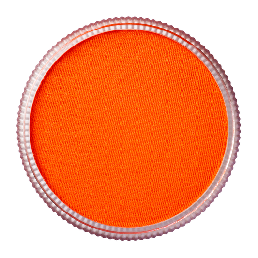 A close-up of Infinity Faces’ Face Paint & Body Paint Aqua Tag - UV Neon Orange (32g), a round, textured orange makeup encased in a clear, ridged plastic rim, set against a white background.