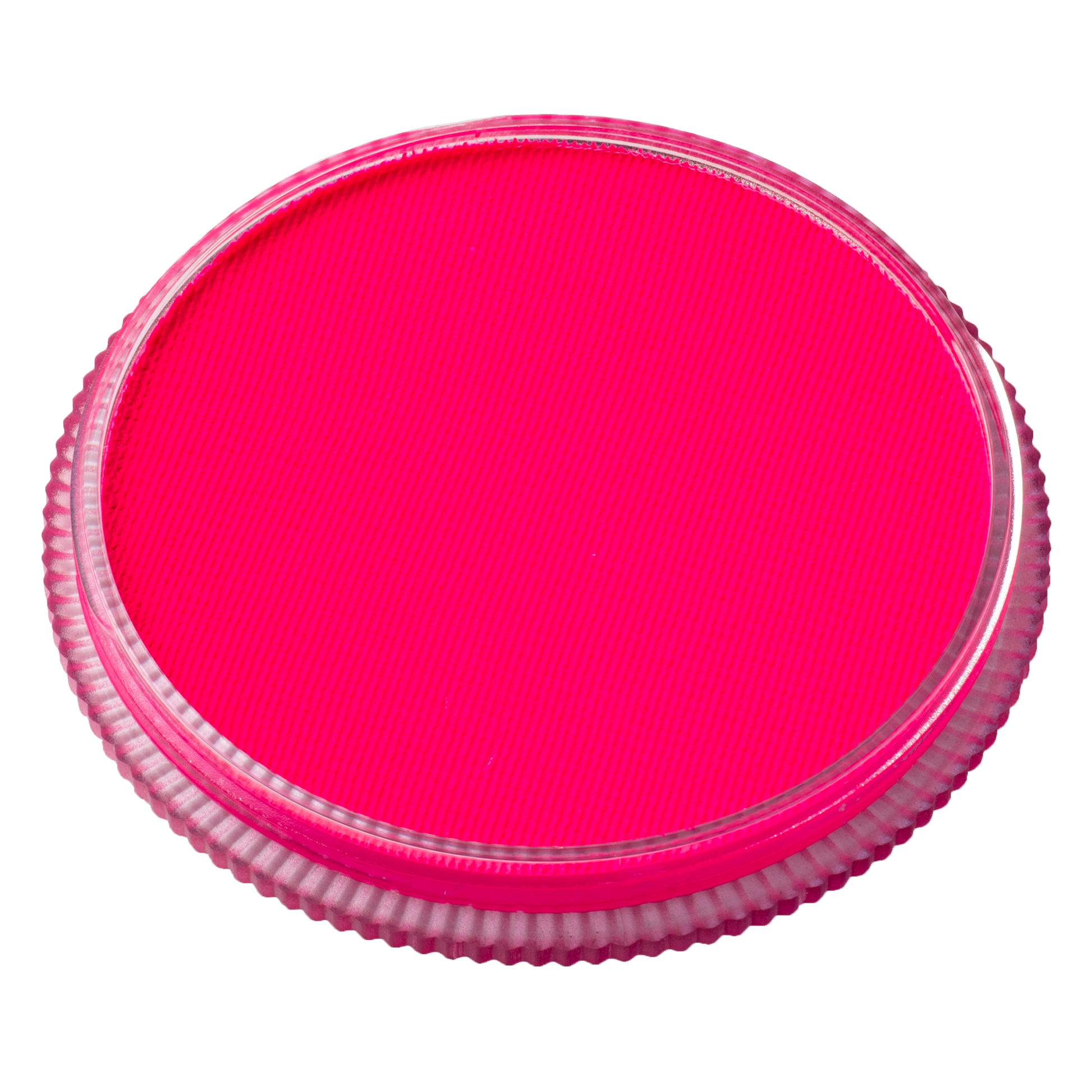 A round, flat, bright pink object with a clear, ridged edge resembling a lid or disk is shown on a white background; it is the Infinity Faces Face Paint & Body Paint Aqua Tag in UV Neon Magenta (32g).