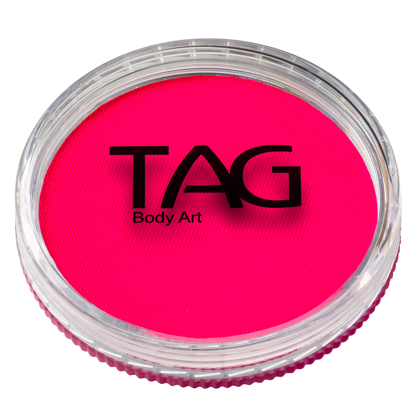 A round container of Infinity Faces Face Paint & Body Paint Aqua Tag - UV Neon Magenta (32g) with a clear lid reveals bright pink paint and features black Infinity Faces branding on top.