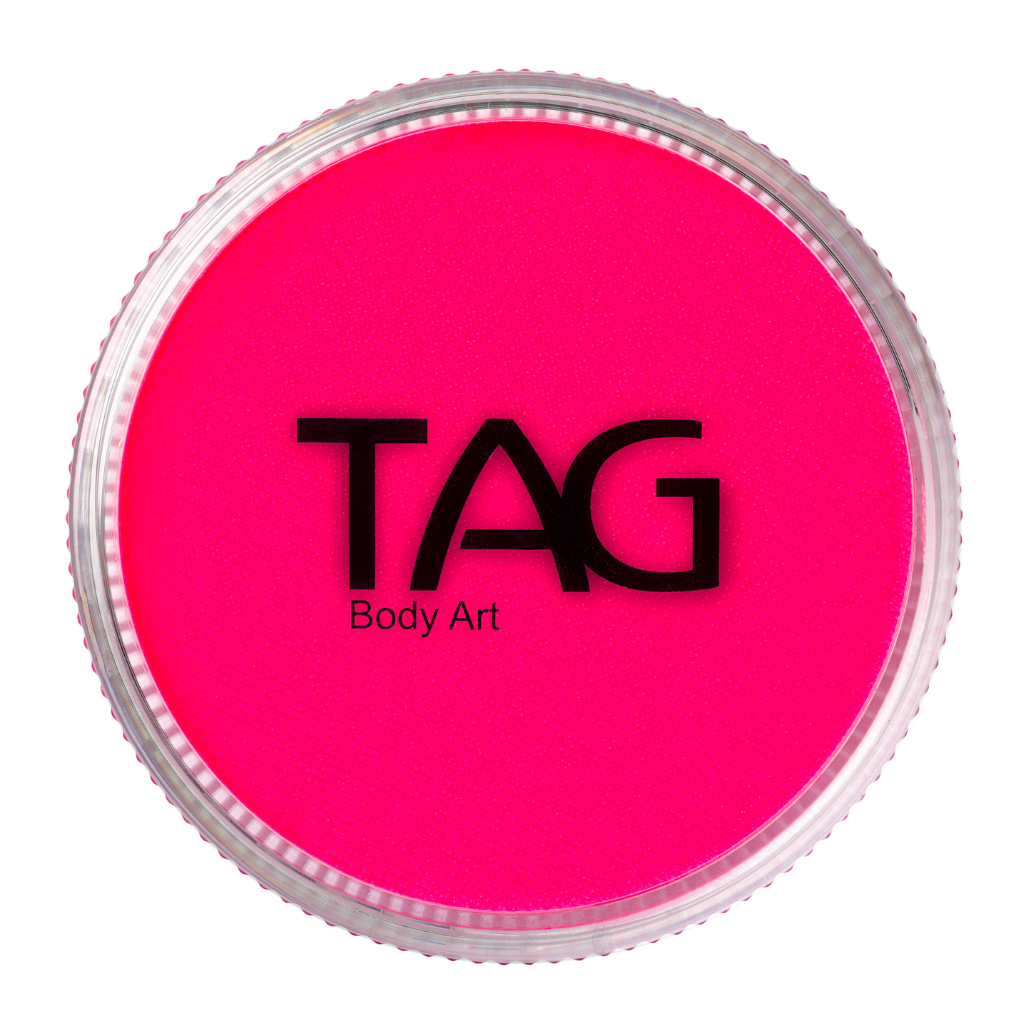 A round Infinity Faces Face Paint & Body Paint Aqua Tag - UV Neon Magenta (32g) is shown from above, featuring a bright neon magenta color. The clear lid displays the black brand logo and product text.