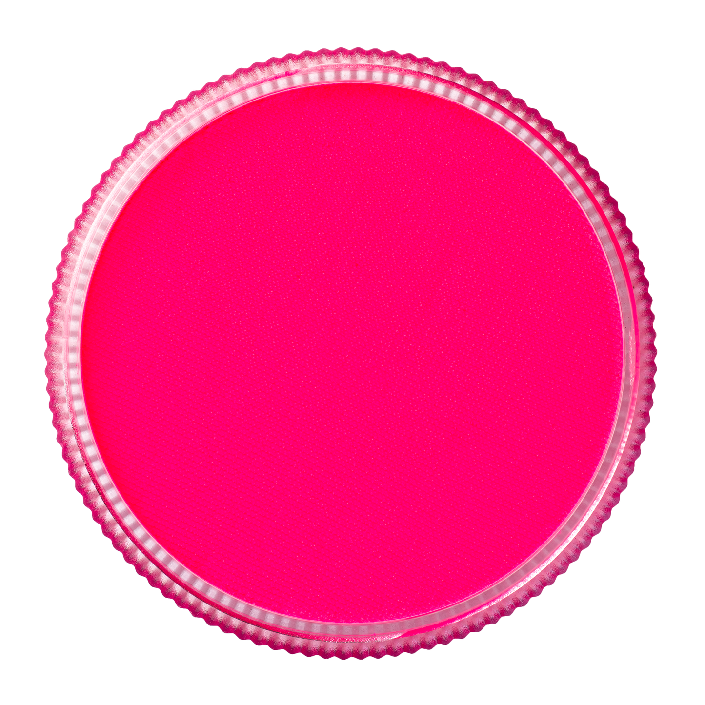 A UV Neon Magenta circular plastic lid of Infinity Faces Face Paint & Body Paint Aqua Tag (32g) with a textured edge, viewed from above on a white background.