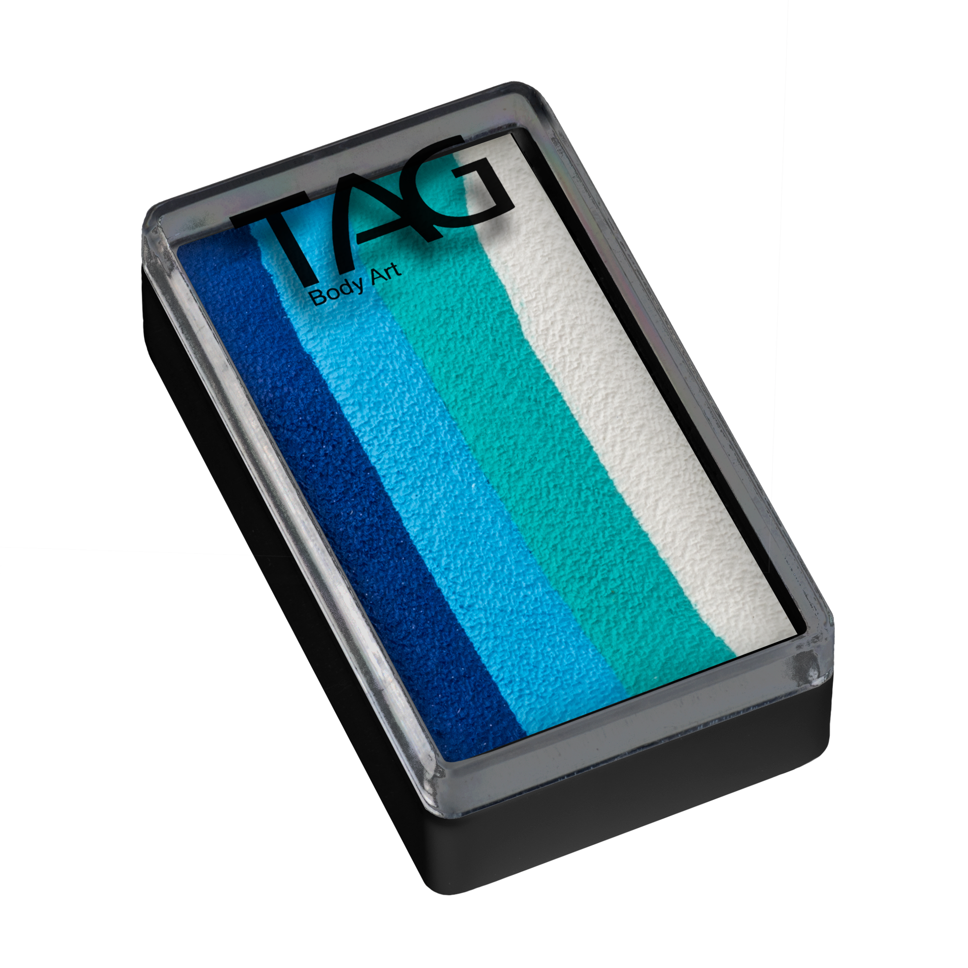 Infinityfaces Face Paint & Body Paint Aqua - Ocean One Stroke (30g) by TAG features five horizontal stripes in dark blue, royal blue, turquoise, light blue, and white, packaged in a rectangular container with a transparent plastic lid.