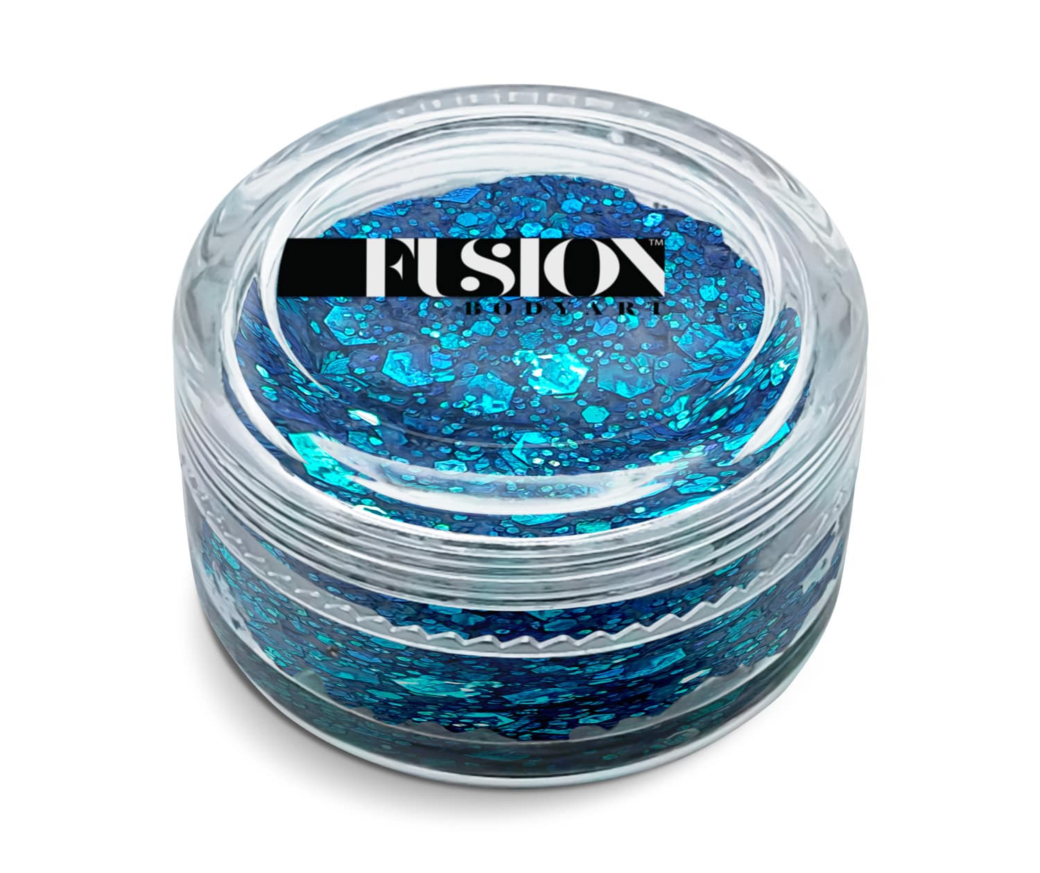 A small clear glass jar filled with bright blue and teal chunky glitter flakes. The black and white Fusion logo is on the lid. Product: Glitter Cream Fusion - Ocean Dive (10g) by Infinity Faces. Background is white.