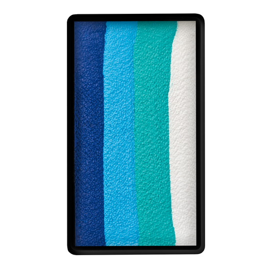 Infinityfaces Face Paint & Body Paint Aqua - Ocean One Stroke (30g) features five vertical painted stripes—dark blue, blue, light blue, teal, and white—with slightly uneven edges for a textured look.