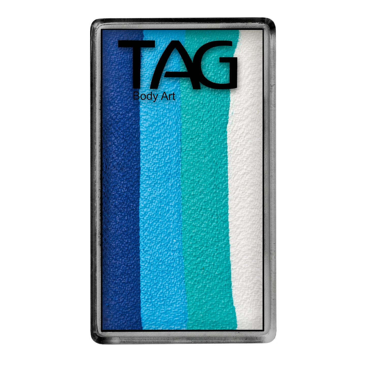 The Infinityfaces Face Paint & Body Paint Aqua - Ocean One Stroke - Tag (30g) features five vertical stripes—dark blue, blue, teal, light blue, and white—in a rectangular metal case.
