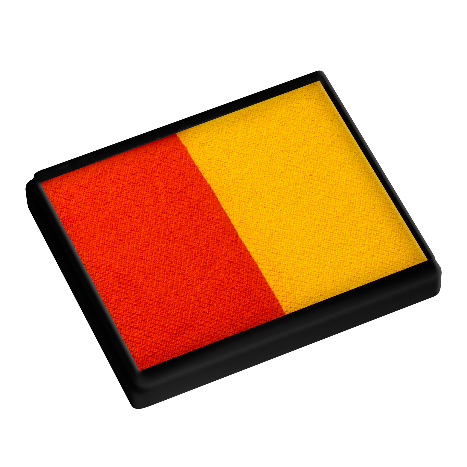 The Infinityfaces Face Paint & Body Paint Aqua - Orange & Yellow Split Cake (50g) features a sturdy case and two bright colors side by side—ideal for creative face or body paint designs at parties, festivals, or events.