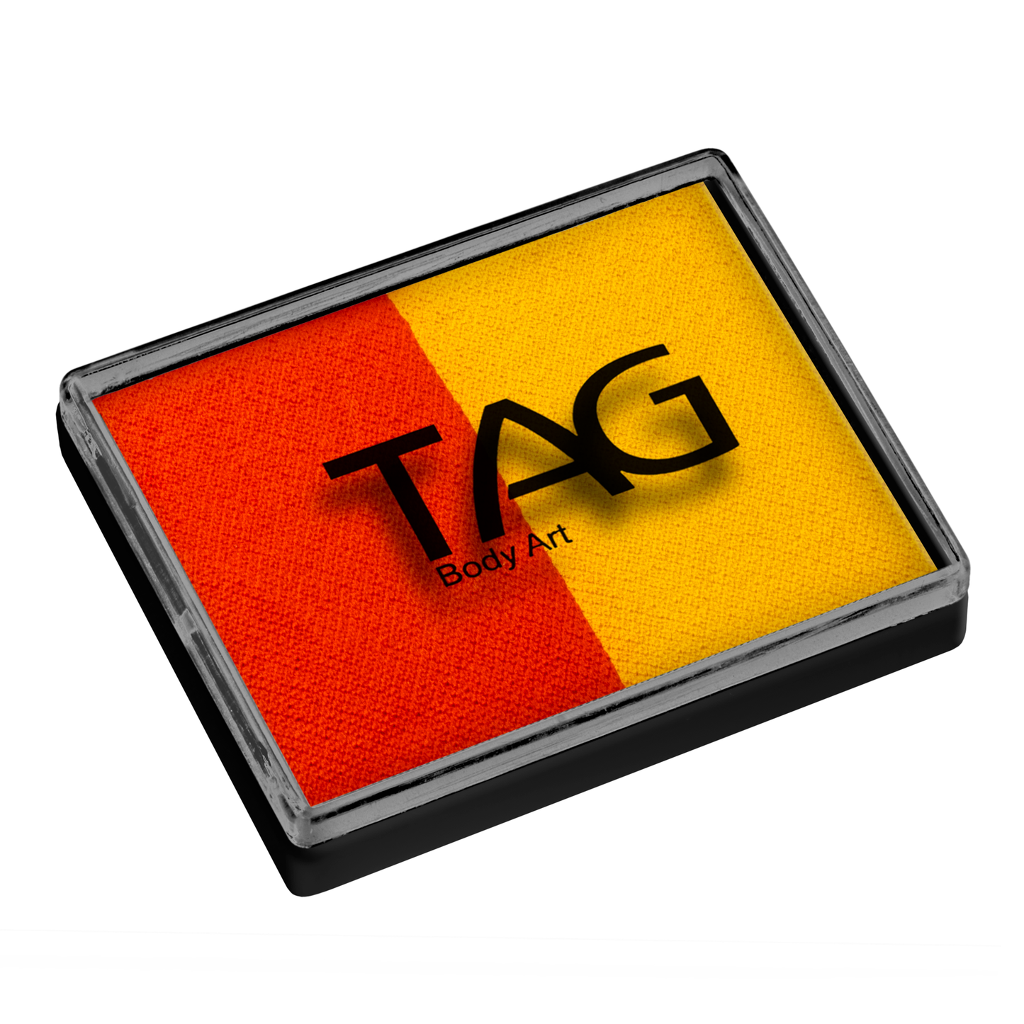 The Infinityfaces Face Paint & Body Paint Aqua - Orange & Yellow Split Cake (50g) features a rectangular pan with bold orange and yellow colors split vertically in a sleek black plastic container by TAG.