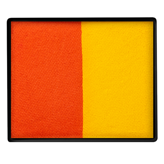 Rectangular frame split vertically: left half is textured orange, right half is textured yellow—both with a fabric-like look, evoking premium textile styles. Colors are from Face Paint & Body Paint Aqua - Orange & Yellow Split Cake by Infinityfaces (50g).
