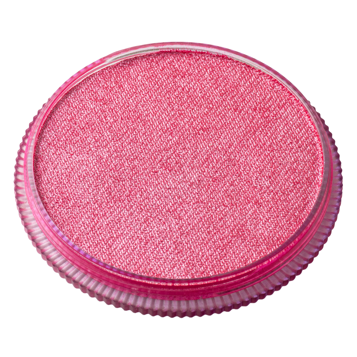 A close-up of Infinity Faces Face Paint & Body Paint Aqua Tag in Pearl Rose (32g), featuring a round compact with finely milled, shimmery pink powder and a clear lid edged in pink.