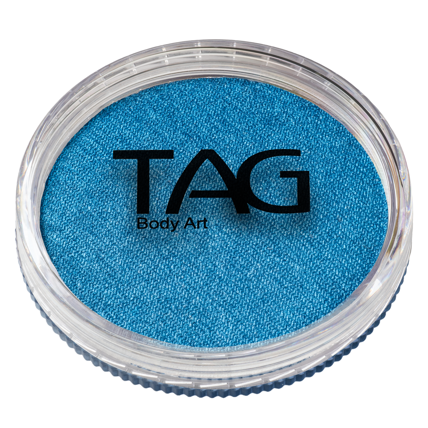 A round container of Infinity Faces Face Paint & Body Paint Aqua Tag - Pearl Blue (32g) with a clear lid reveals bright blue face paint inside. The Infinity Faces logo is printed in black on the lid.