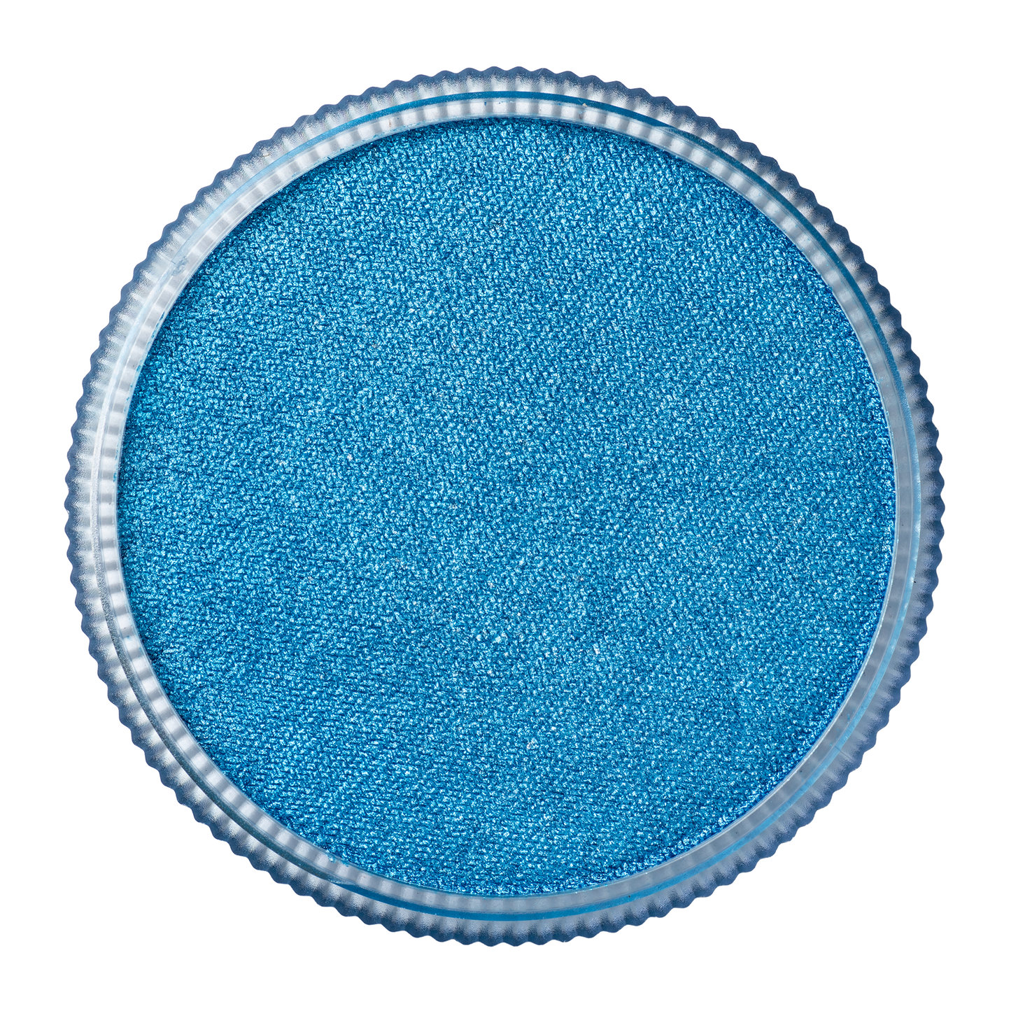 A top-down view of the Infinity Faces Face Paint & Body Paint Aqua Tag in Pearl Blue (32g) shows its textured, shimmery blue color inside a round, silver-rimmed container set against a white background.