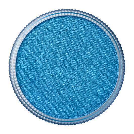 A top-down view of the Infinity Faces Face Paint & Body Paint Aqua Tag in Pearl Blue (32g) shows its textured, shimmery blue color inside a round, silver-rimmed container set against a white background.