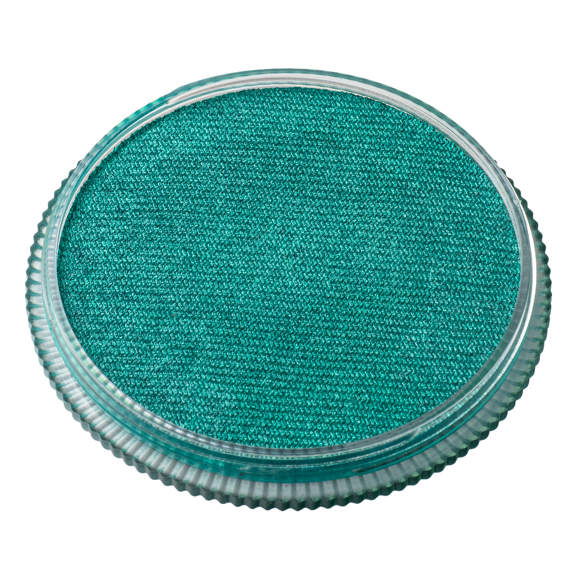 The Infinity Faces Face Paint & Body Paint Aqua Tag in Pearl Green (32g) features a round, textured teal surface in a clear, ridged plastic case, displayed from above on a white background.