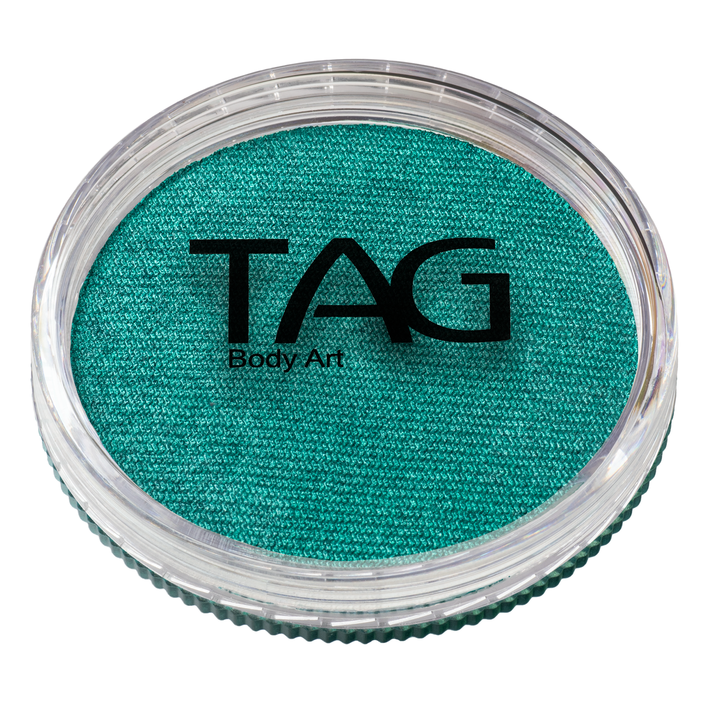 A round container of Infinity Faces Face Paint & Body Paint Aqua Tag in Pearl Green (32g) is shown from above. The clear lid reveals the vibrant color and features the brand name in black lettering.