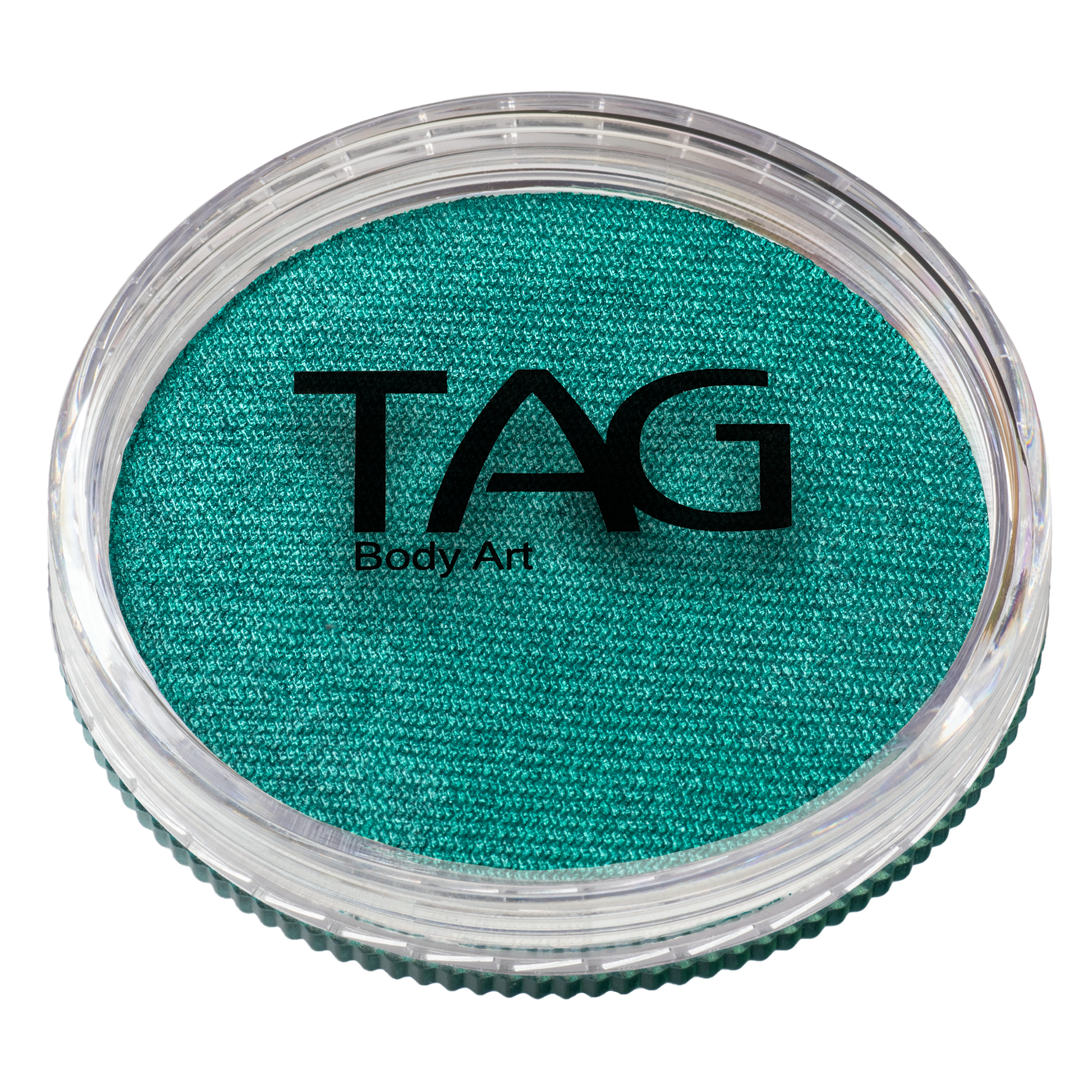 A round container of Infinity Faces Face Paint & Body Paint Aqua Tag in Pearl Green (32g) is shown from above. The clear lid reveals the vibrant color and features the brand name in black lettering.