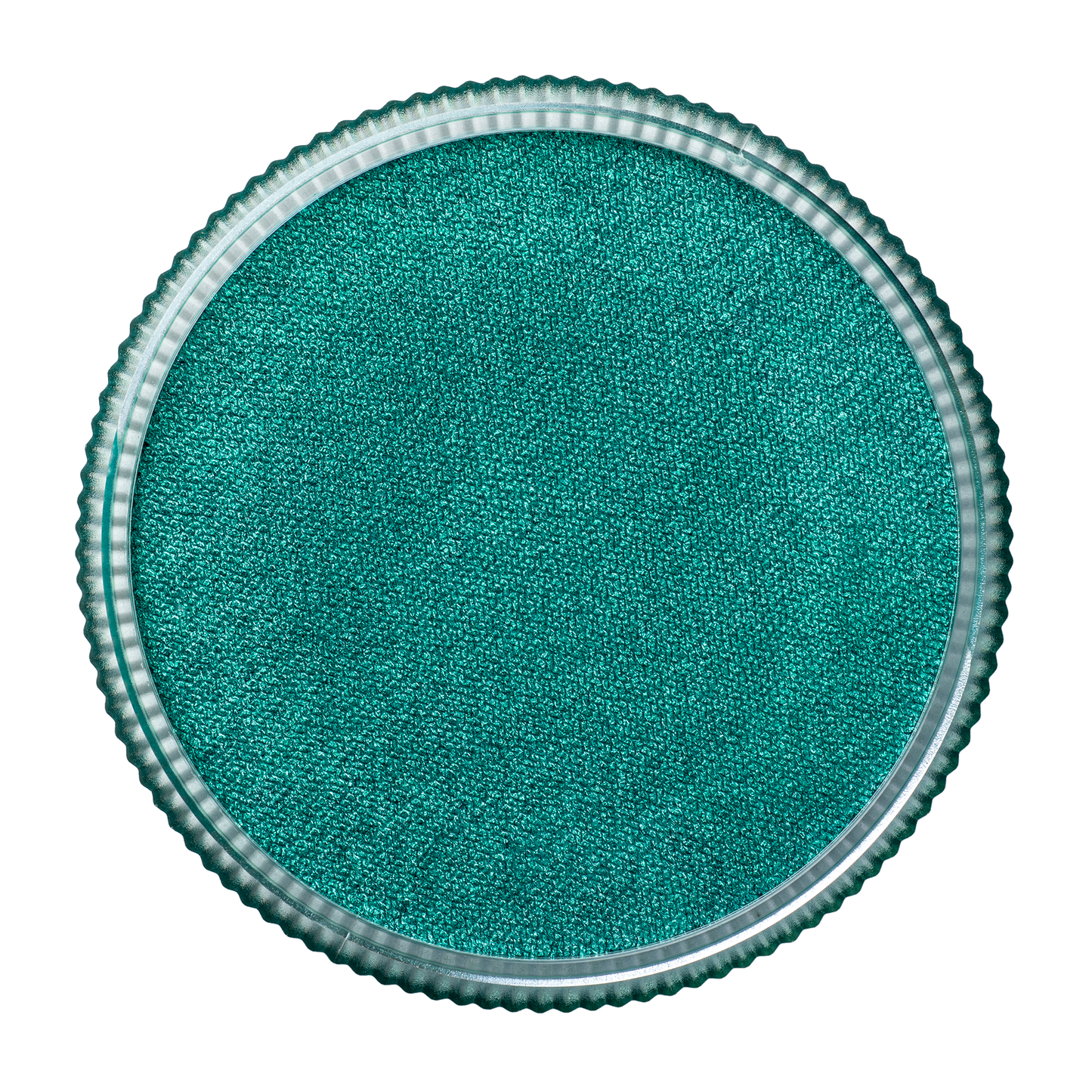 A round, teal-textured object with a clear ridged edge, resembling a paint pan, is Infinity Faces Face Paint & Body Paint Aqua Tag - Pearl Green (32g), shown on a white background.