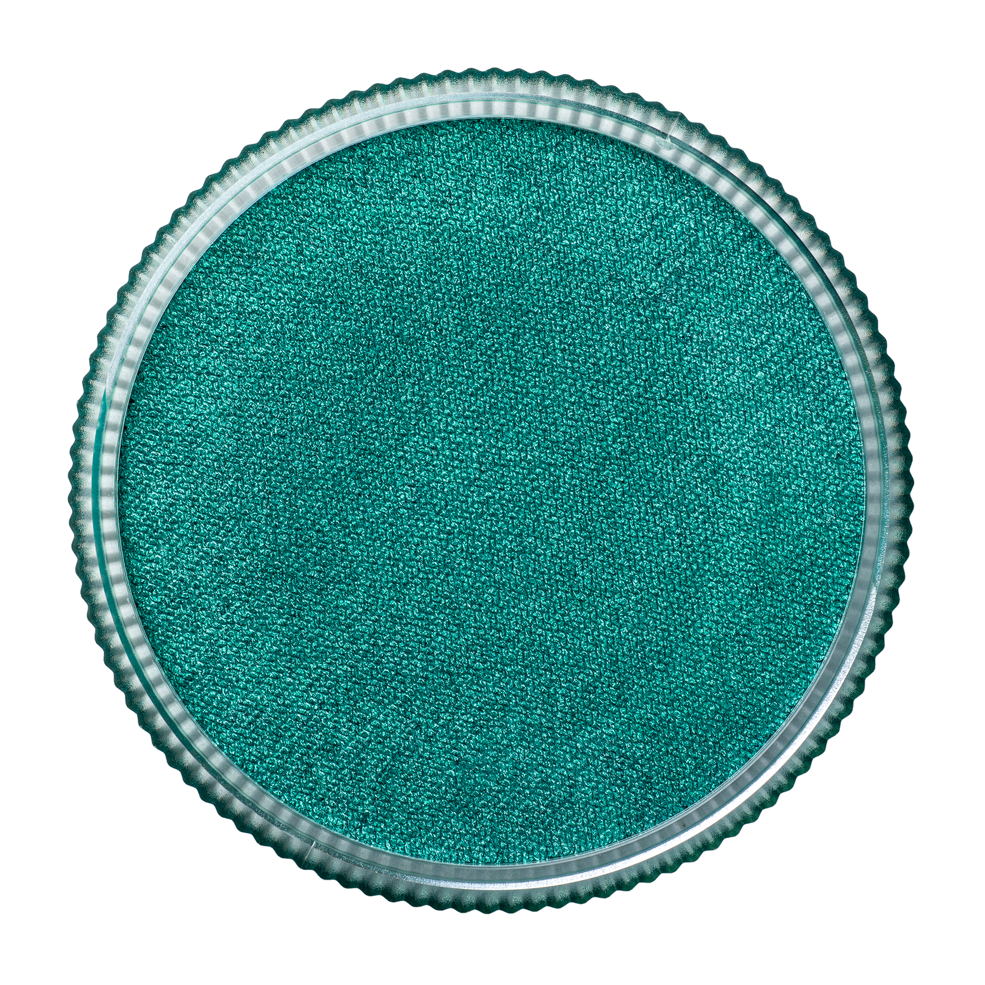 A round, teal-textured object with a clear ridged edge, resembling a paint pan, is Infinity Faces Face Paint & Body Paint Aqua Tag - Pearl Green (32g), shown on a white background.