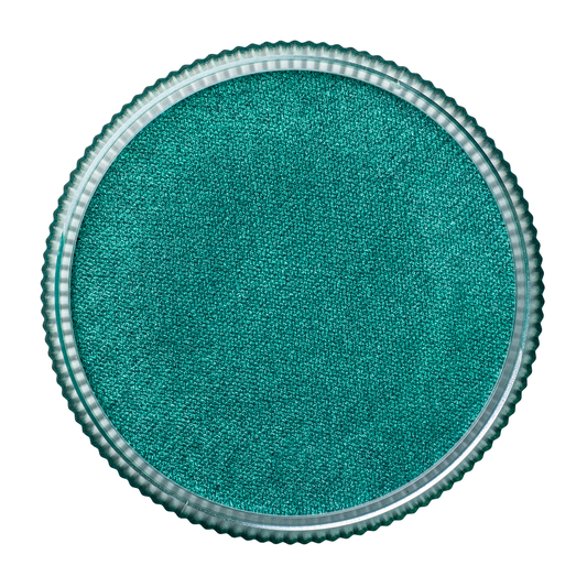 A round, teal-textured object with a clear ridged edge, resembling a paint pan, is Infinity Faces Face Paint & Body Paint Aqua Tag - Pearl Green (32g), shown on a white background.