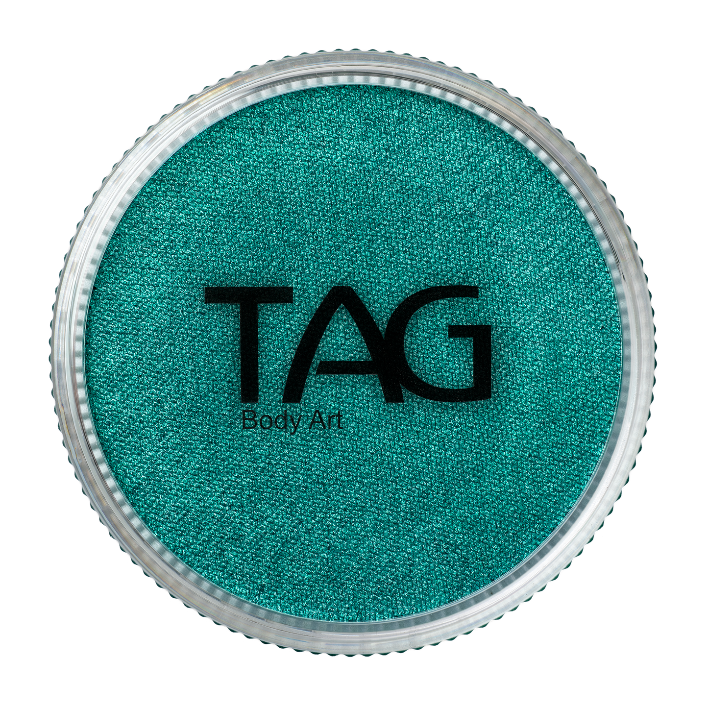 A round container of Infinity Faces Face Paint & Body Paint Aqua Tag in Pearl Green (32g), filled with vibrant pearly green paint, viewed from above with a clear lid and black logo on top.