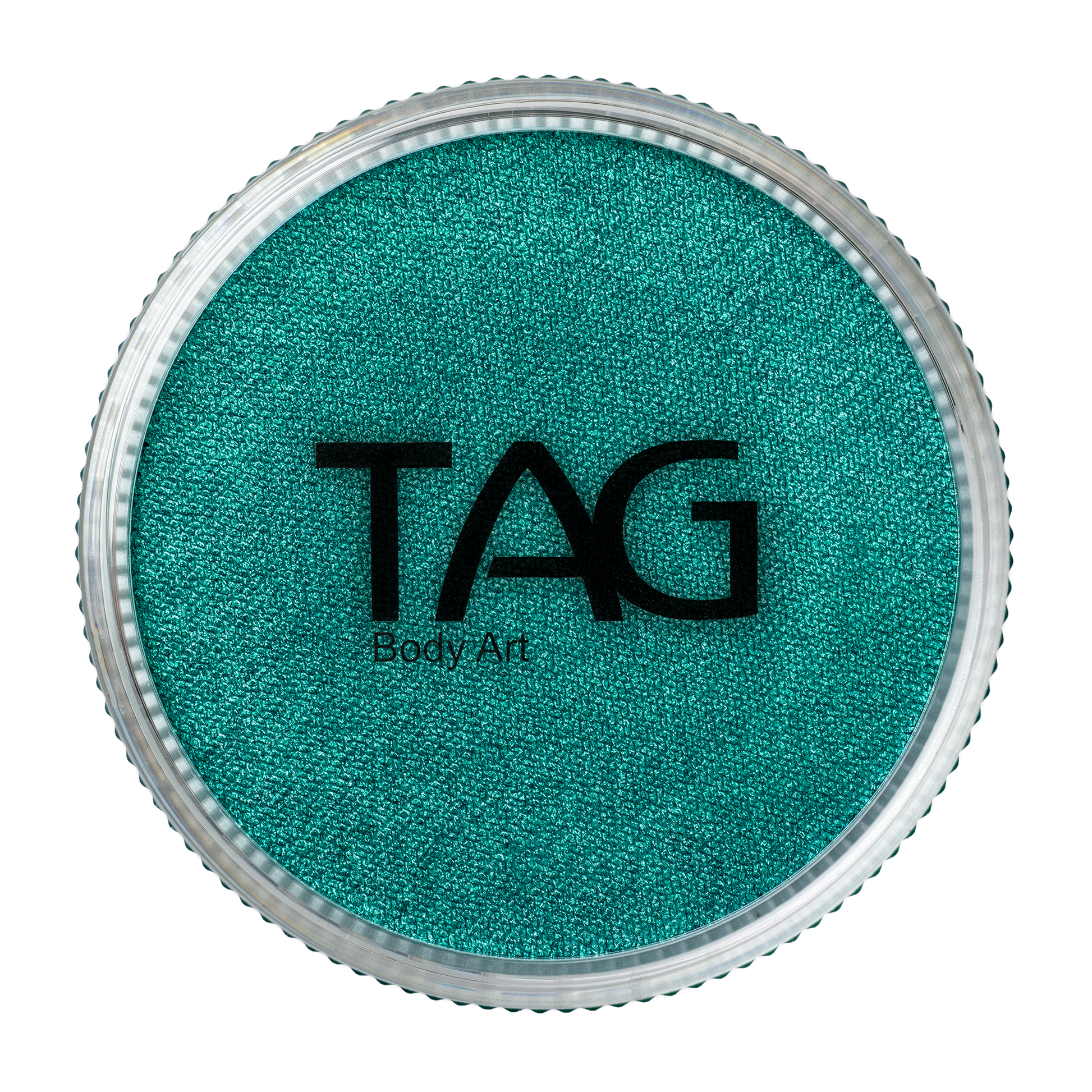 A round container of Infinity Faces Face Paint & Body Paint Aqua Tag in Pearl Green (32g), filled with vibrant pearly green paint, viewed from above with a clear lid and black logo on top.