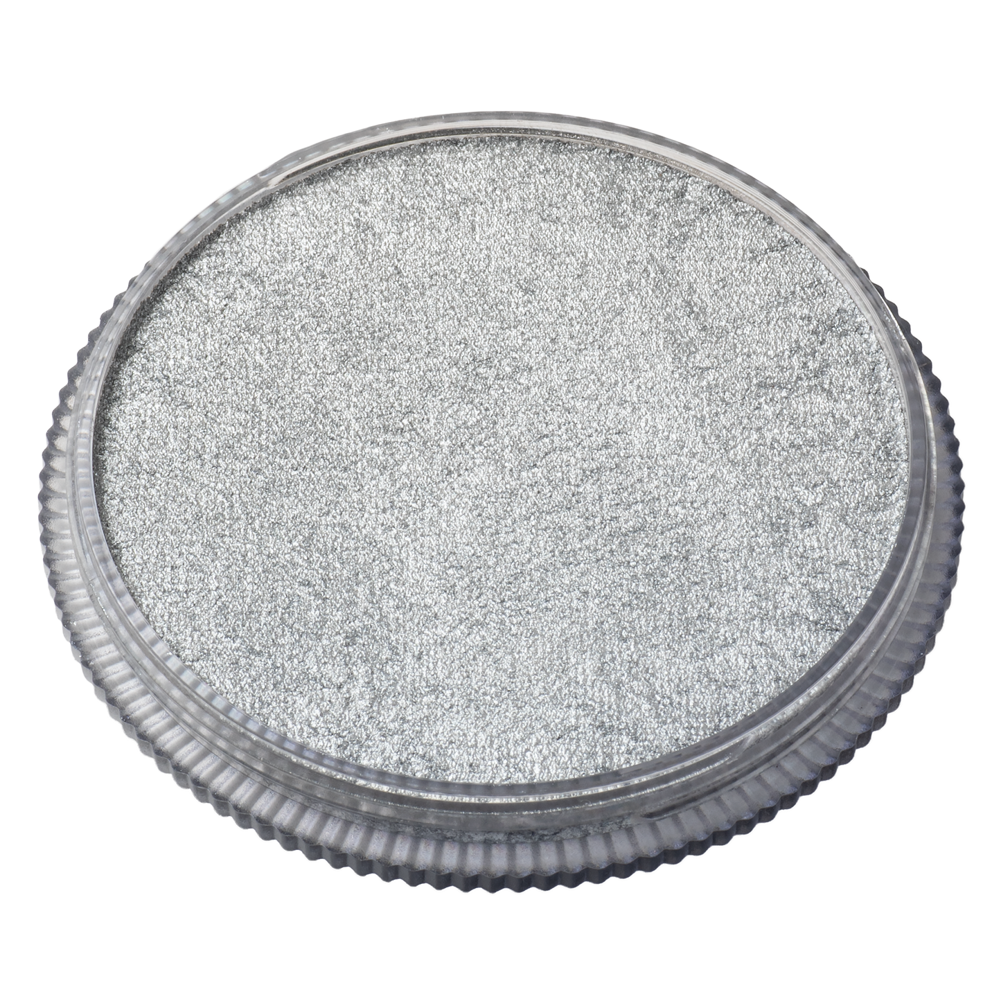 A round, clear plastic container of Infinity Faces Face Paint & Body Paint Aqua Tag - Pearl Silver (32g), viewed from above. The ridged container holds fine metallic silver paint with a smooth, even surface.