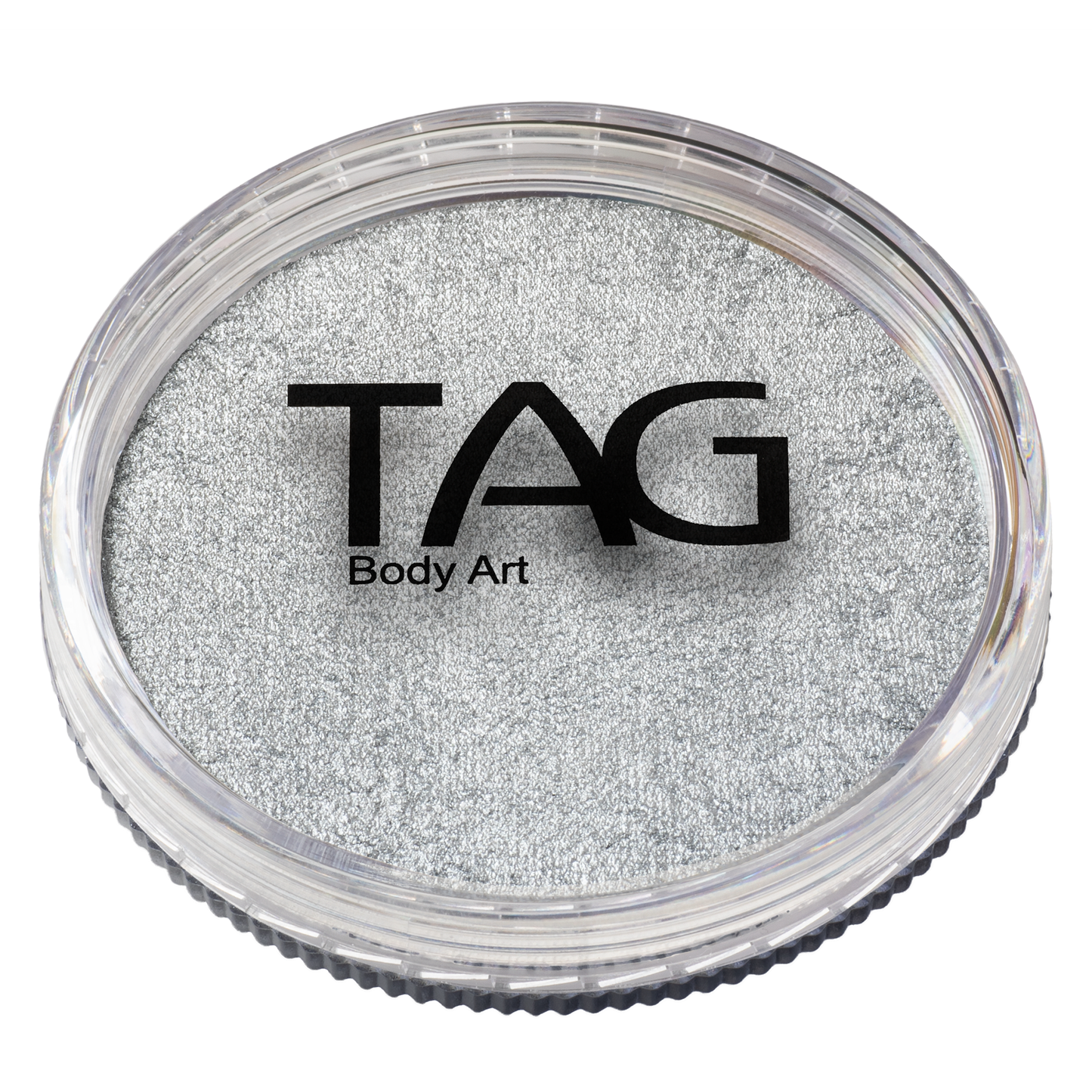 A round container of Infinity Faces Face Paint & Body Paint Aqua Tag in Pearl Silver (32g), shown with a clear lid displaying the product and the Infinity Faces logo on top.
