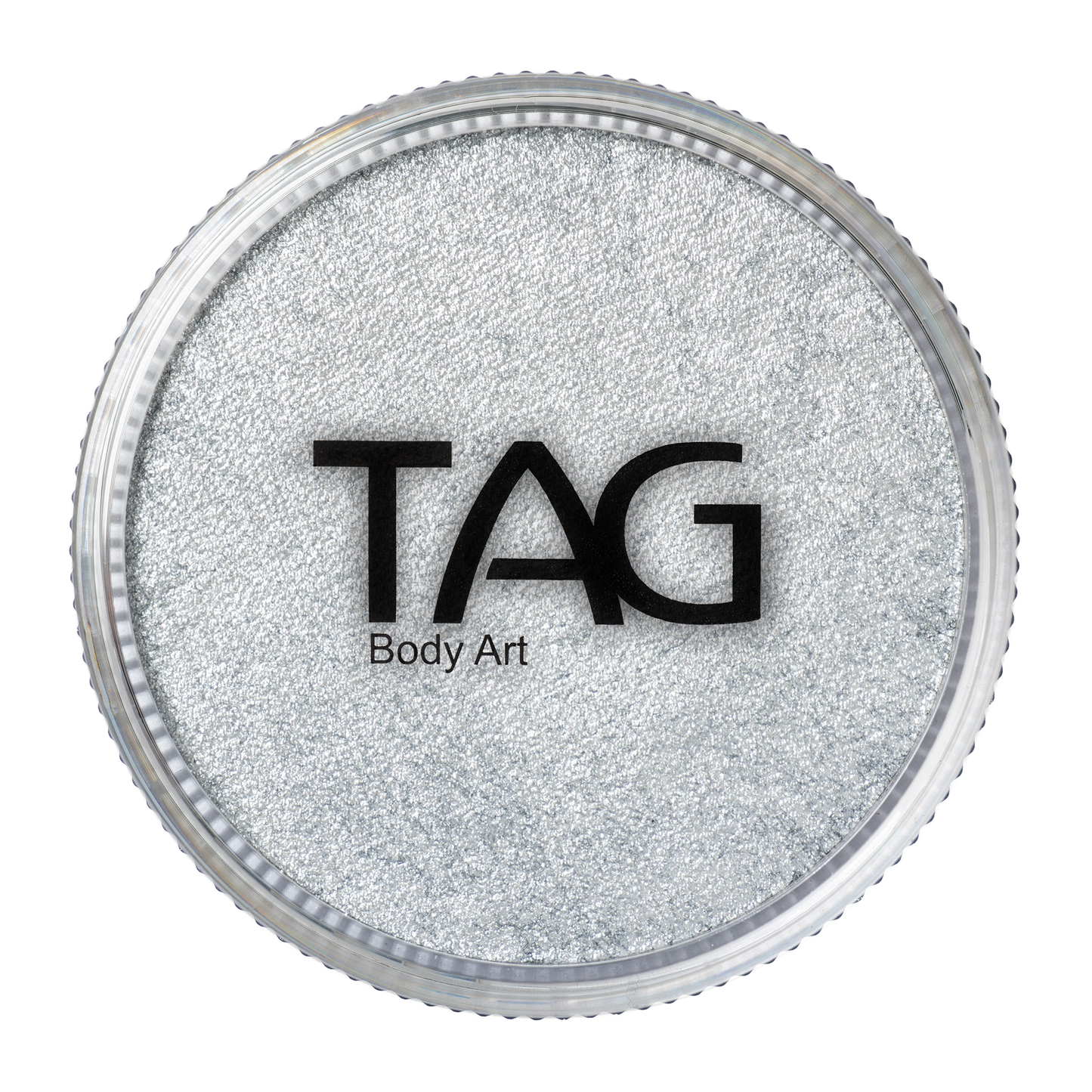 A round container of Infinity Faces Face Paint & Body Paint Aqua Tag - Pearl Silver (32g), viewed from above. The clear lid shows the brand name Infinity Faces in bold black letters over the shimmery silver paint.