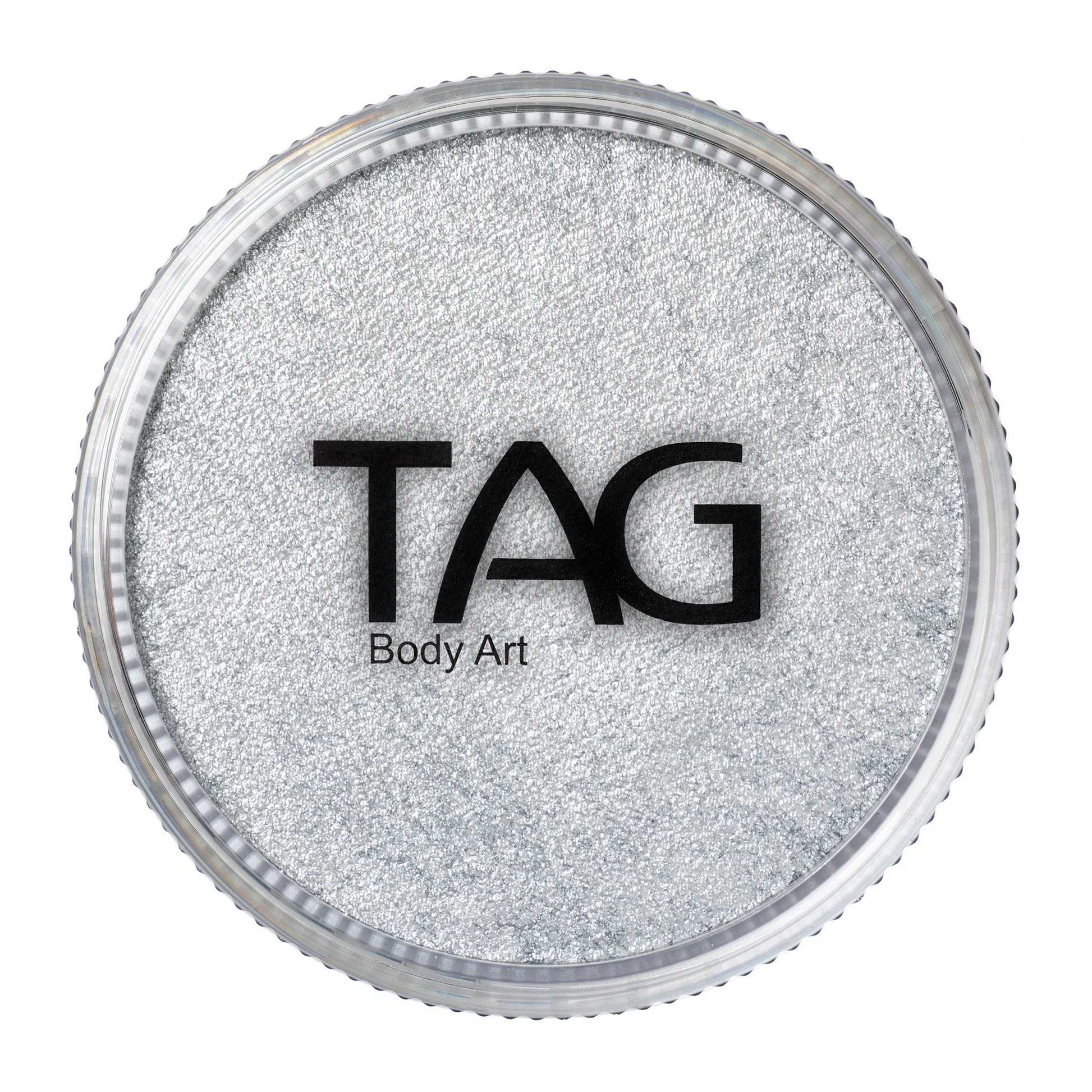 A round container of Infinity Faces Face Paint & Body Paint Aqua Tag - Pearl Silver (32g), viewed from above. The clear lid shows the brand name Infinity Faces in bold black letters over the shimmery silver paint.
