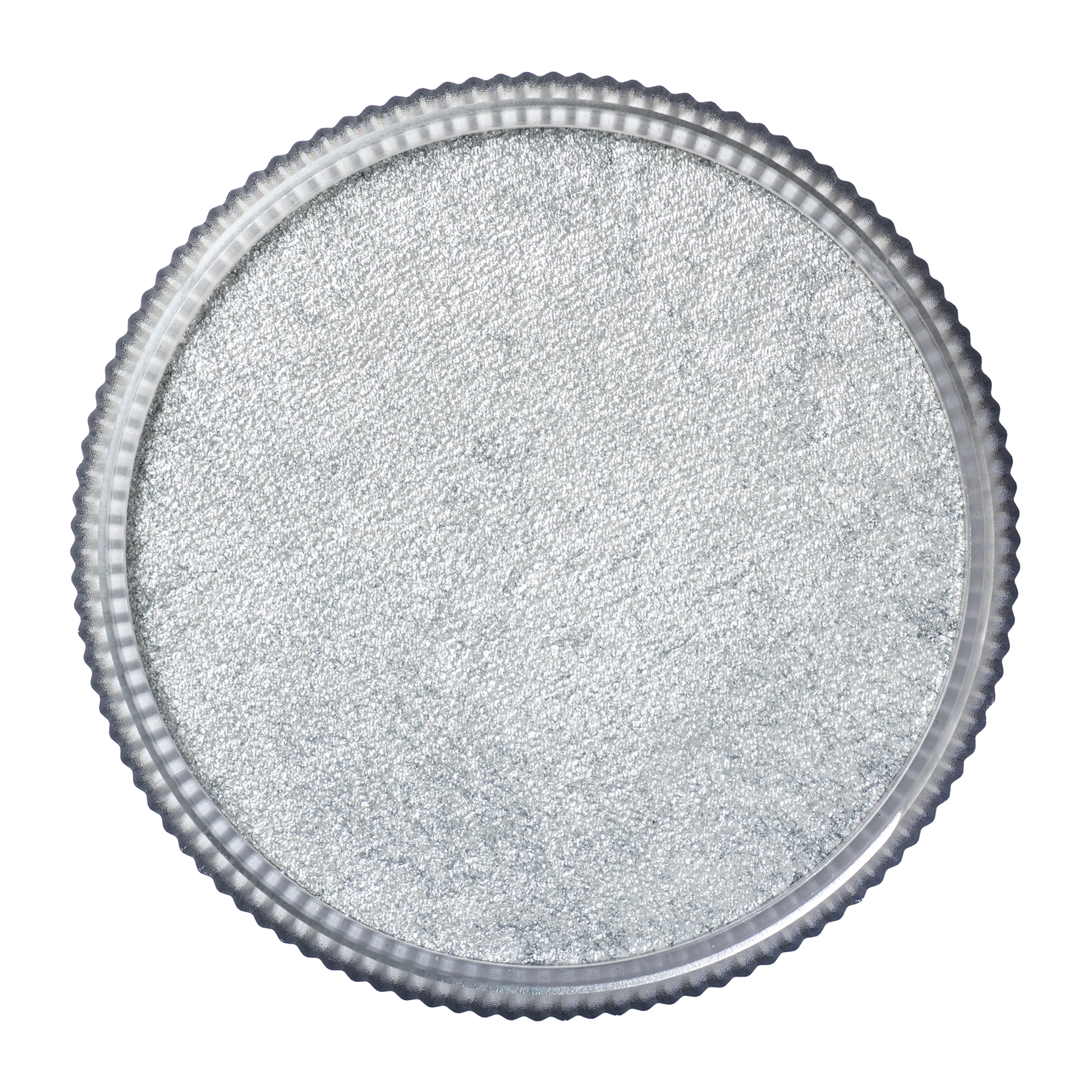 A close-up of Infinity Faces Face Paint & Body Paint Aqua Tag - Pearl Silver (32g), showing its round, silver metallic pan with a textured, shimmery surface and ridged edge.
