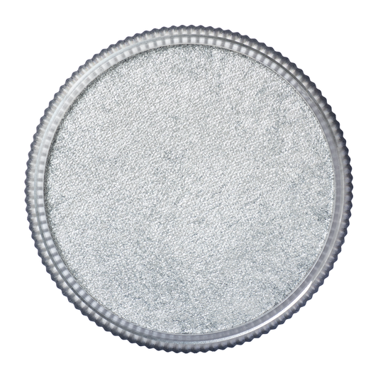 A close-up of Infinity Faces Face Paint & Body Paint Aqua Tag - Pearl Silver (32g), showing its round, silver metallic pan with a textured, shimmery surface and ridged edge.
