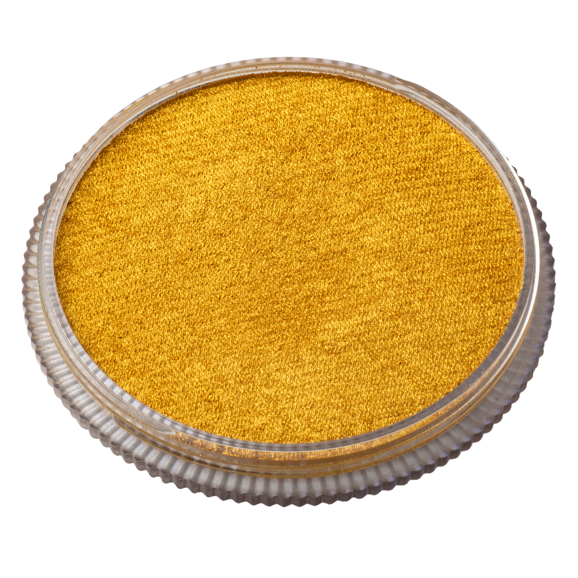A round, clear plastic container of Infinity Faces Face Paint & Body Paint Aqua Tag - Pearl Gold (32g), filled with vibrant yellow powder, viewed from above against a white background.