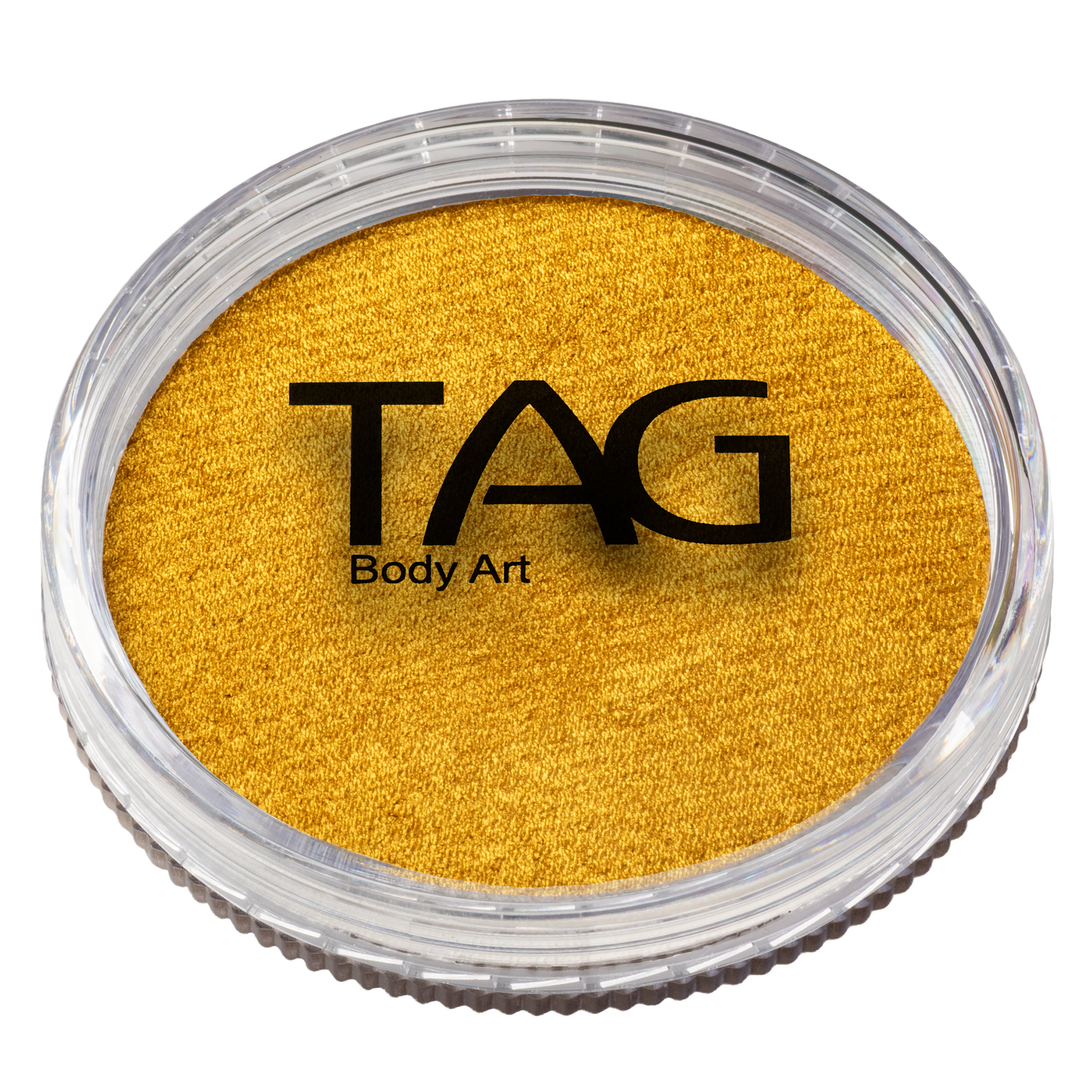 A round container of Infinity Faces Face Paint & Body Paint Aqua Tag in Pearl Gold (32g) features a clear lid displaying the brand name and product.