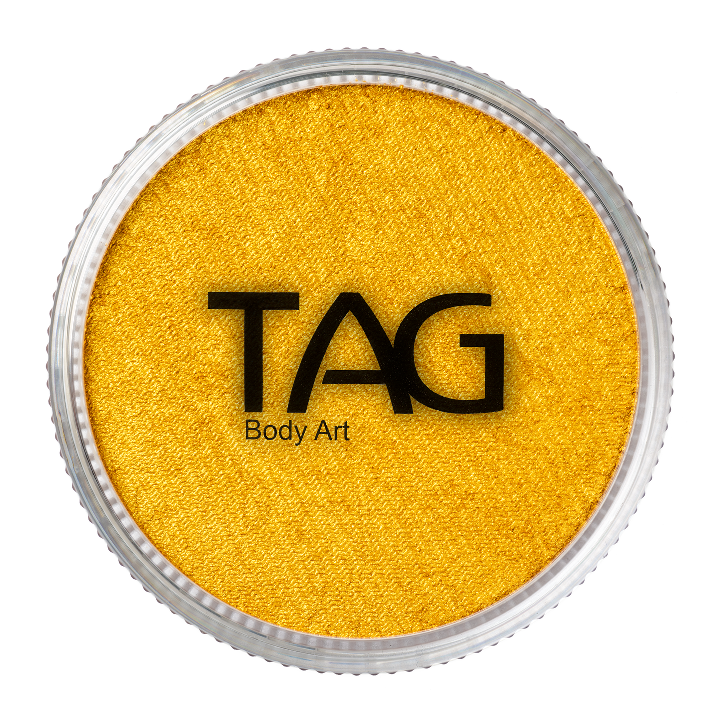 A round container of Infinity Faces Face Paint & Body Paint Aqua Tag in Pearl Gold (32g) with a clear lid displaying the logo, viewed from above.