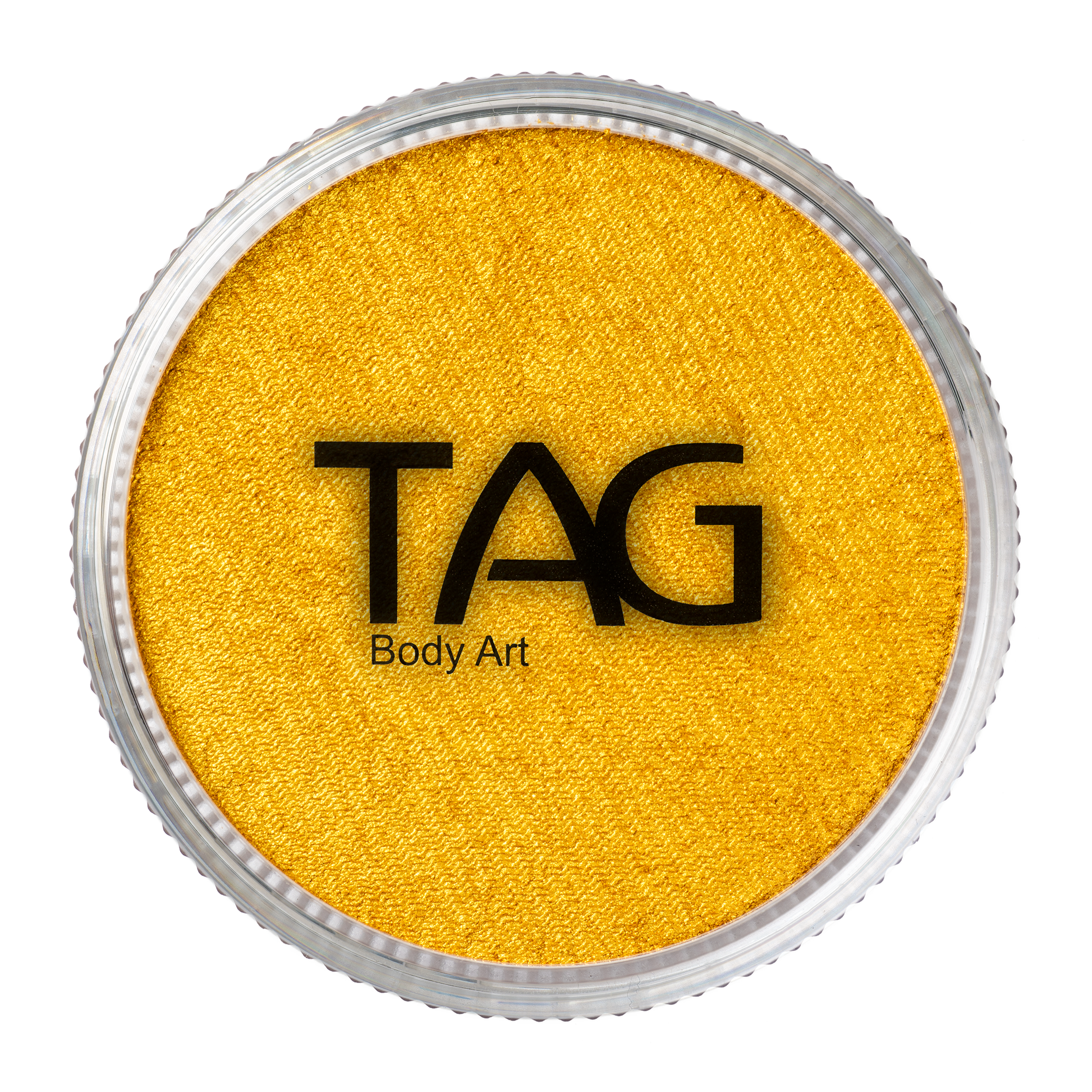 A round container of Infinity Faces Face Paint & Body Paint Aqua Tag in Pearl Gold (32g) with a clear lid displaying the logo, viewed from above.