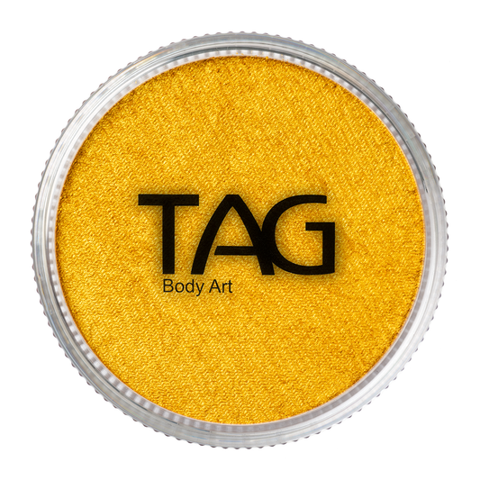 A round container of Infinity Faces Face Paint & Body Paint Aqua Tag in Pearl Gold (32g) with a clear lid displaying the logo, viewed from above.