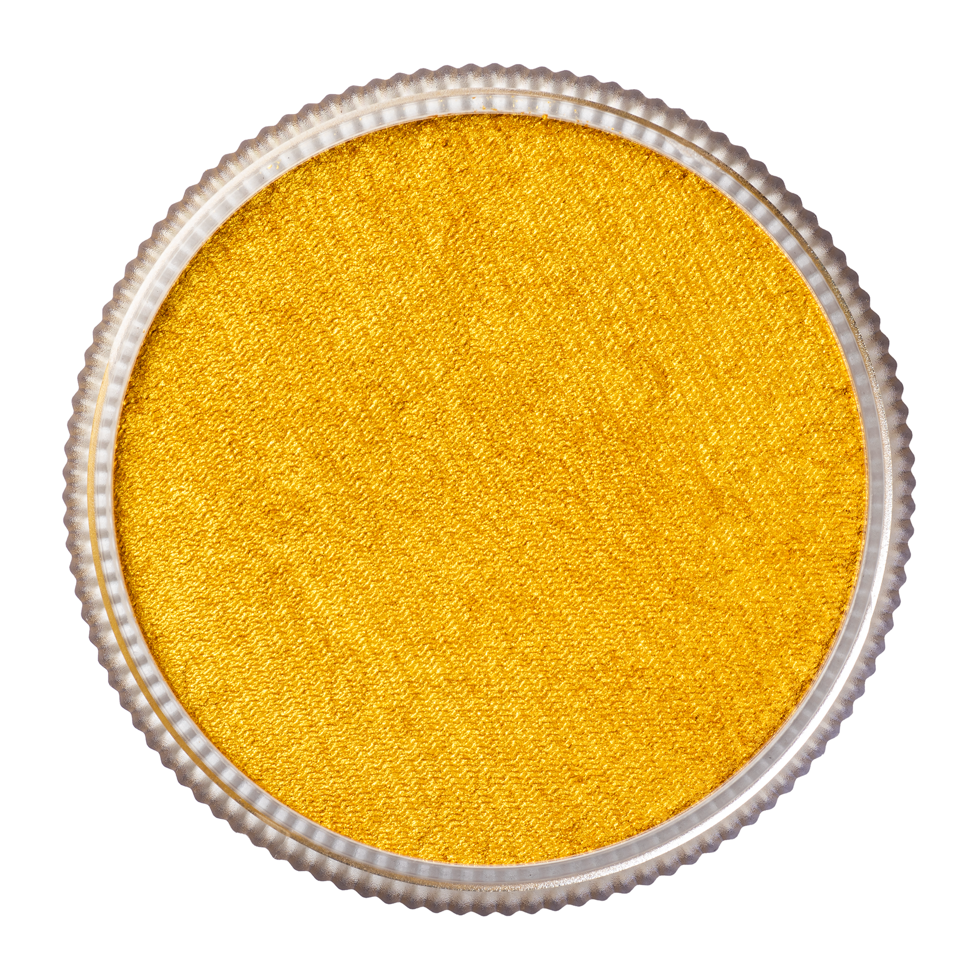 A close-up of Infinity Faces Face Paint & Body Paint Aqua Tag - Pearl Gold (32g); the round container with a silver-textured rim is filled with bright yellow, shimmery pigment and viewed from above against a white background.