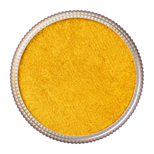 A close-up of Infinity Faces Face Paint & Body Paint Aqua Tag - Pearl Gold (32g); the round container with a silver-textured rim is filled with bright yellow, shimmery pigment and viewed from above against a white background.