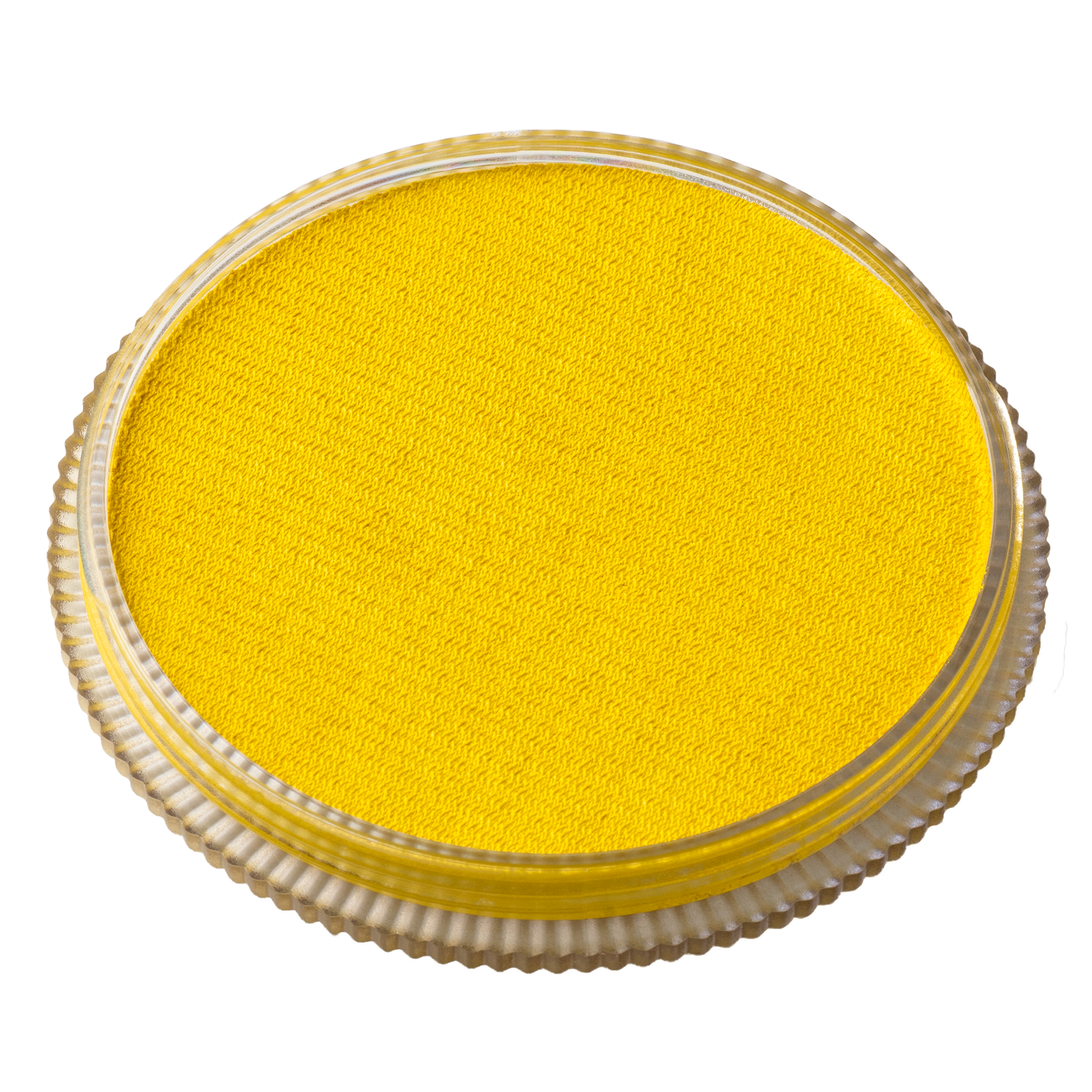 The Infinity Faces Face Paint & Body Paint Aqua Tag - Pearl Yellow (32g) comes in a round container with a clear, ridged lid, displaying its bright yellow color when viewed from above against a white background.