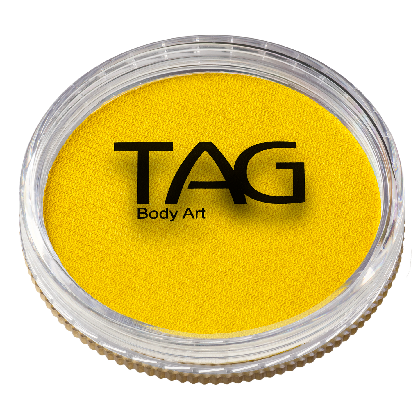 A round container of Infinity Faces Face Paint & Body Paint Aqua Tag in Pearl Yellow (32g) with a clear lid displaying the logo.