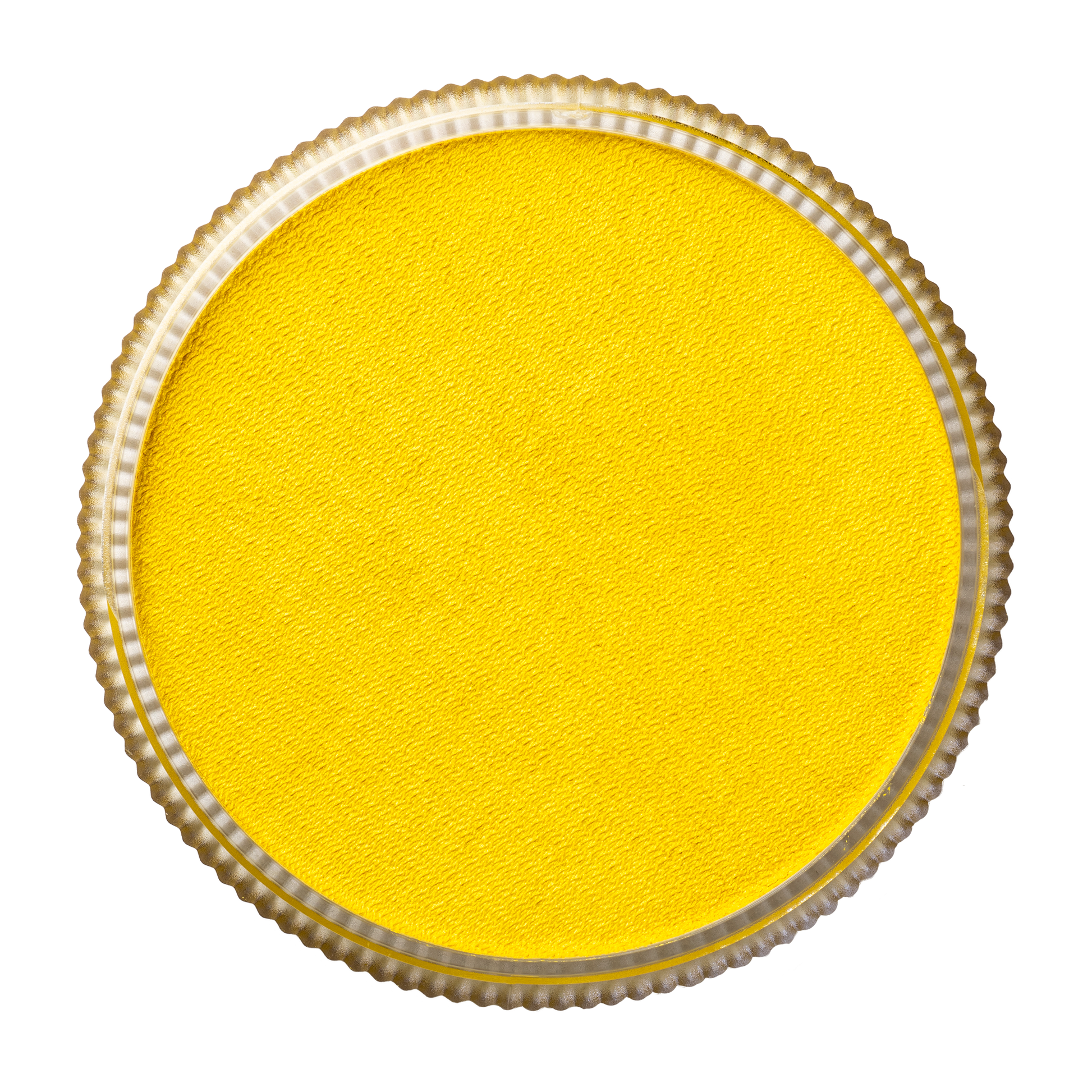 Infinity Faces Face Paint & Body Paint Aqua Tag - Pearl Yellow (32g) shown from above, featuring a round, bright yellow surface with a textured finish and metallic gold ridged edge on a white background.