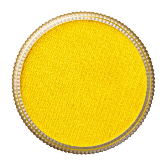 Infinity Faces Face Paint & Body Paint Aqua Tag - Pearl Yellow (32g) shown from above, featuring a round, bright yellow surface with a textured finish and metallic gold ridged edge on a white background.