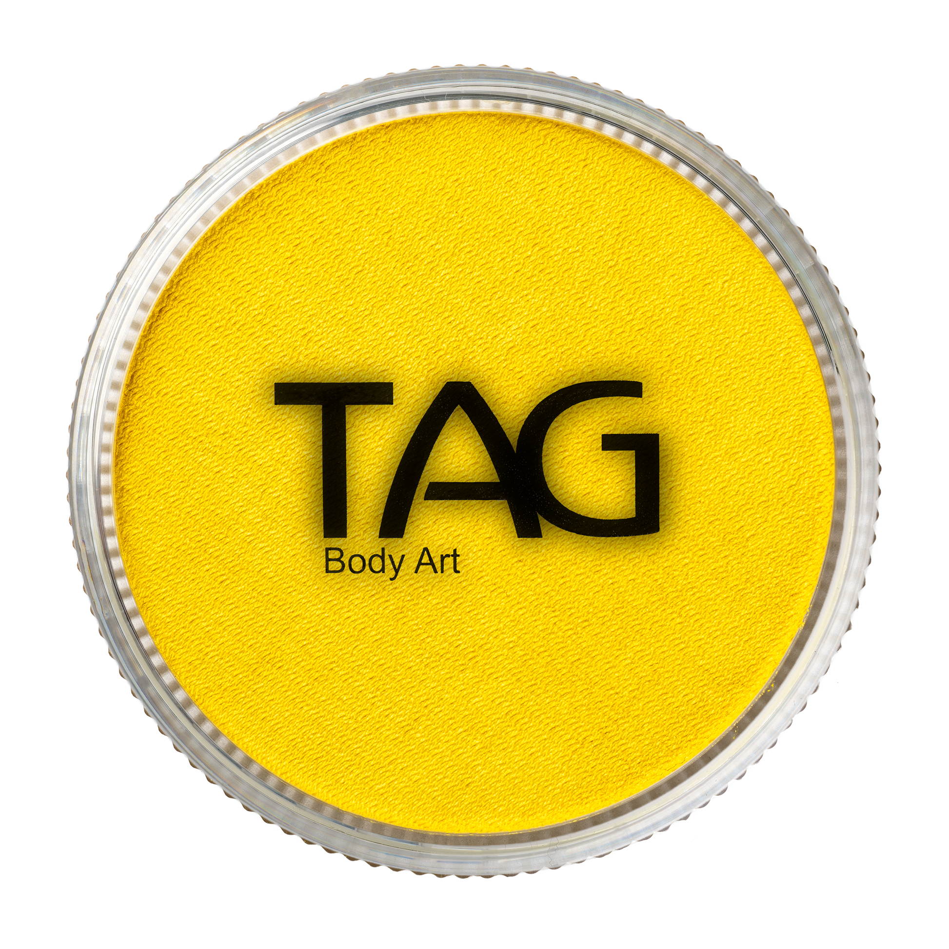 A round 32g container of Infinity Faces Face Paint & Body Paint Aqua Tag in Pearl Yellow, featuring a clear lid with the TAG logo in black.