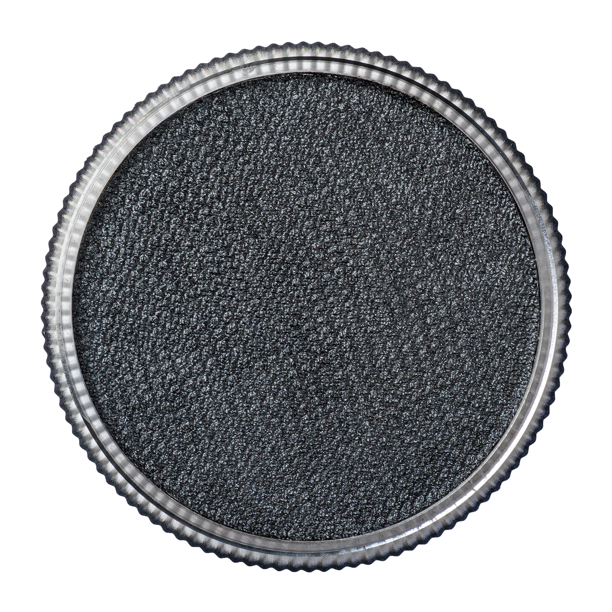 A close-up of Infinity Faces Face Paint & Body Paint Aqua Tag - Pearl Black (32g), featuring a circular, textured pad with a metallic, ridged edge, viewed from above against a white background.