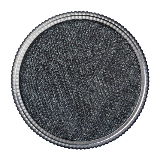 A close-up of Infinity Faces Face Paint & Body Paint Aqua Tag - Pearl Black (32g), featuring a circular, textured pad with a metallic, ridged edge, viewed from above against a white background.