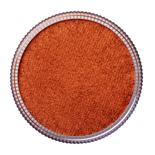 Close-up of Infinity Faces Face Paint & Body Paint Aqua Tag in Pearl Copper (32g), a round metallic container filled with shimmery copper face and body paint, viewed from above against a white background.