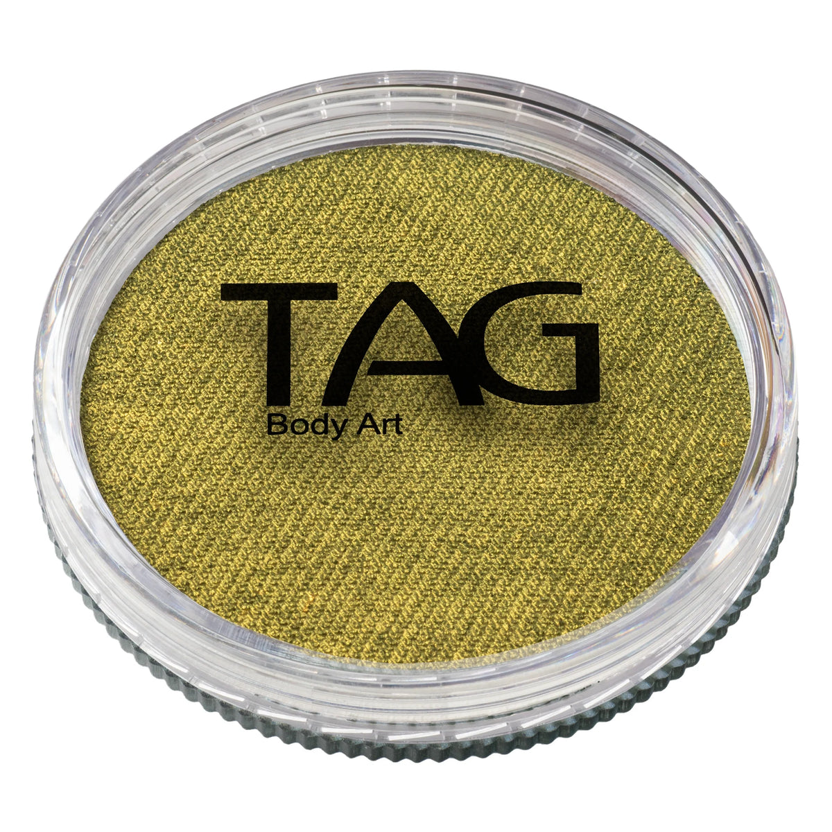 A circular container of TAG Face & Body Paint - Pearl Bronze Green (32g) with shimmering paint and the Tag Body Art logo printed on the surface.
