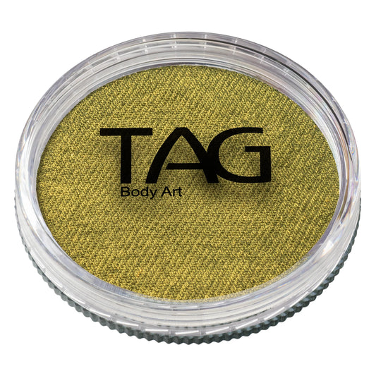 A circular container of TAG Face & Body Paint - Pearl Bronze Green (32g) with shimmering paint and the Tag Body Art logo printed on the surface.