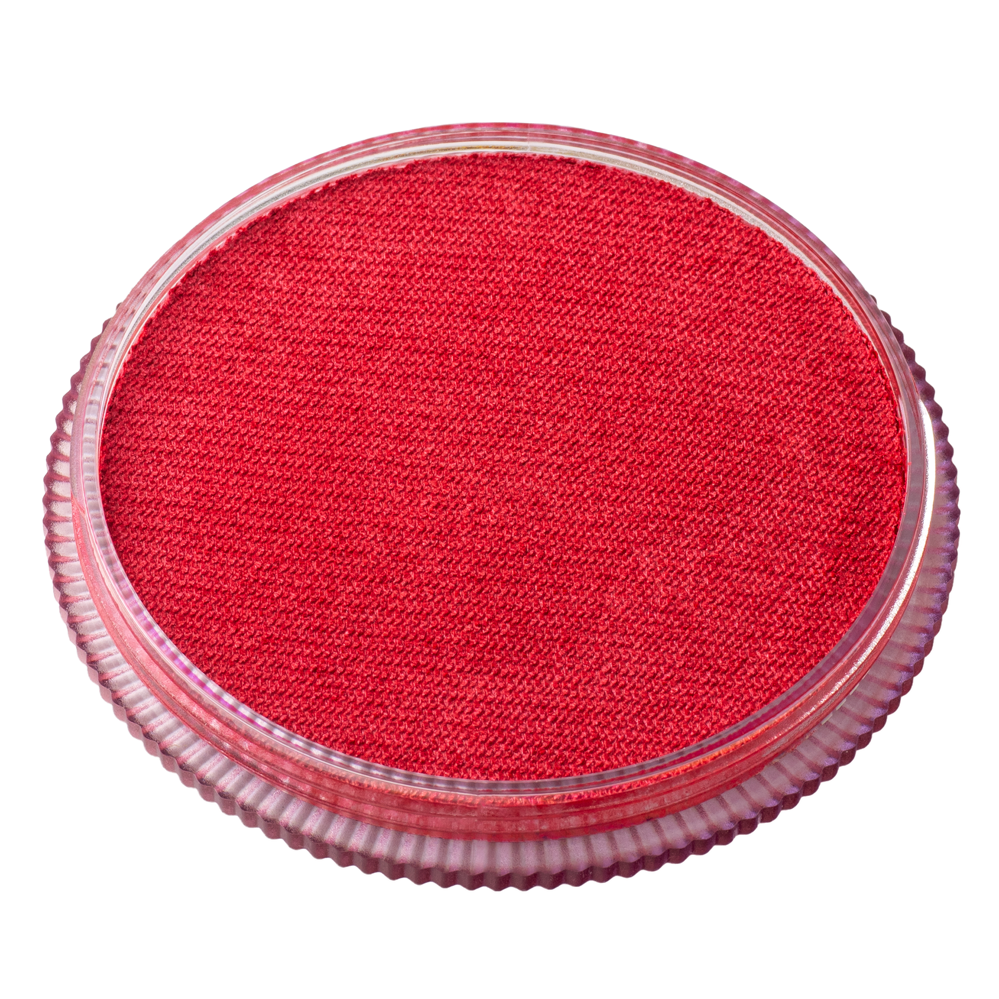 Infinity Faces Face Paint & Body Paint Aqua Tag - Pearl Red (32g) is a round container with a ridged clear lid, filled with vibrant red paint for face and body art.
